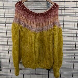 Maiami Mohair Blend Loose Knit Relaxed Fit Pullover in Chartreuse Multi Stripe M